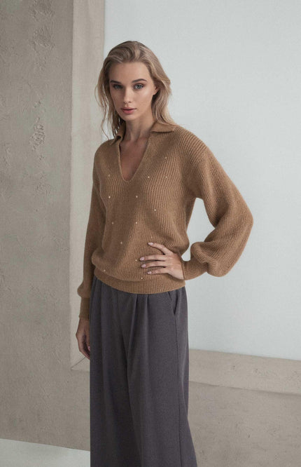 MOHAIR MIXED POLO-STYLE SWEATER WITH ALL-OVER STUDS
