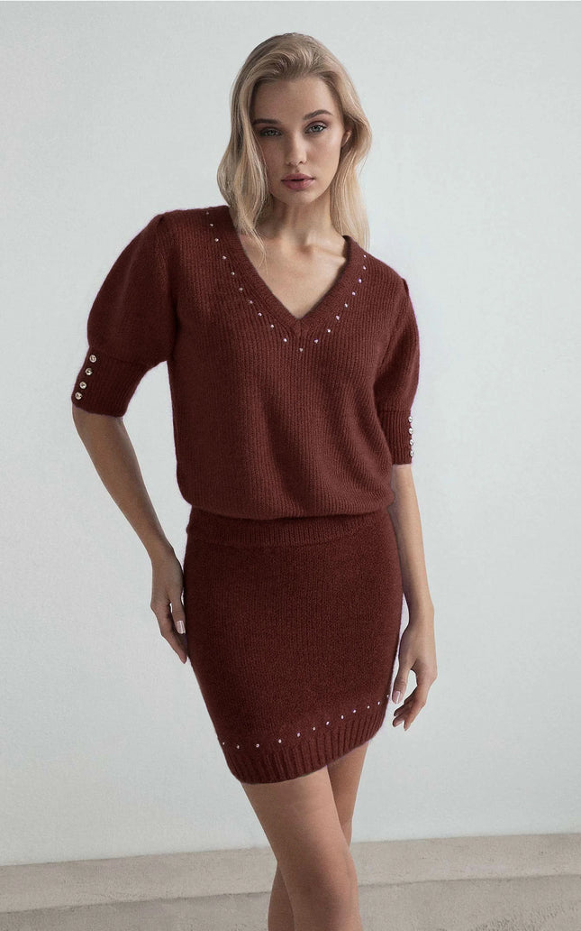 SHORT-SLEEVE MOHAIR BLEND PULLOVER WITH STUDS ON THE V-NECK
