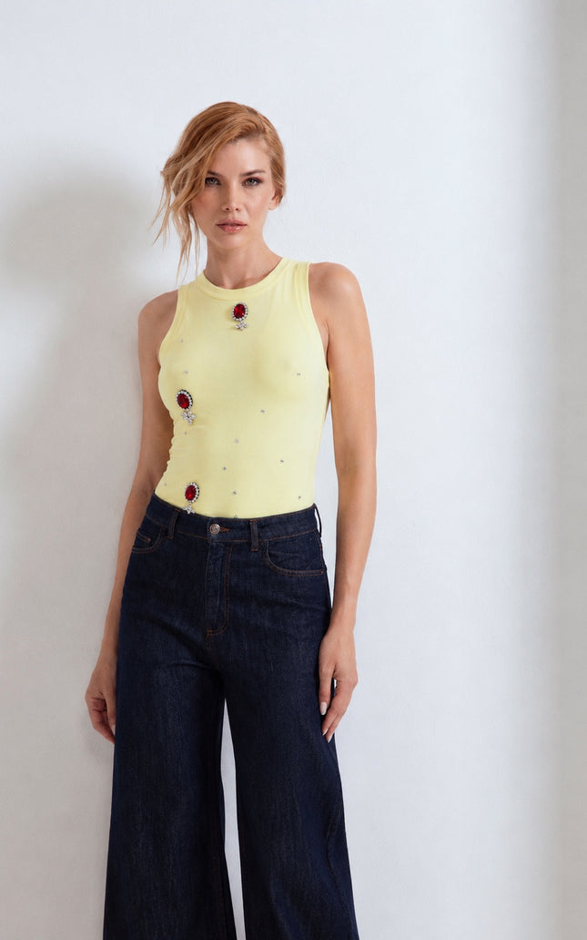 RIBBED TANK TOP WITH RHINESTONE AND EMBROIDERY 