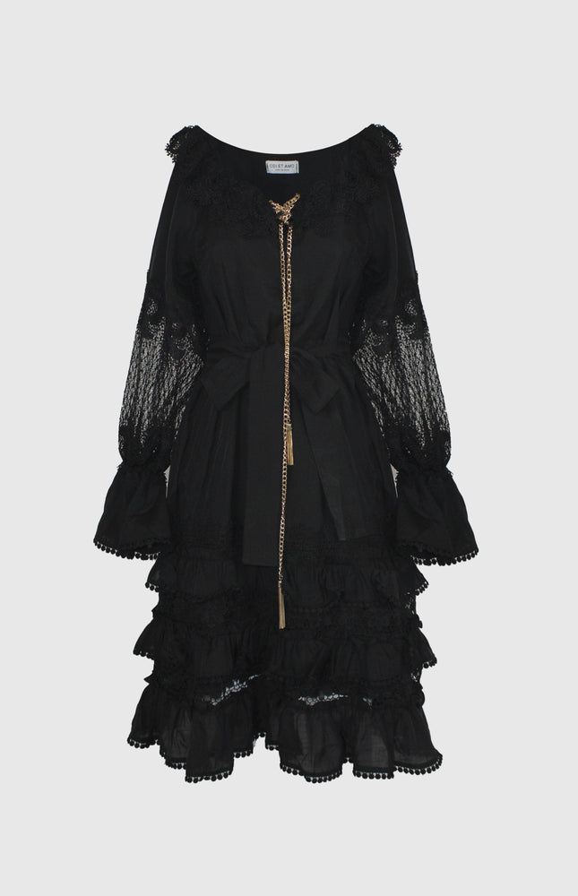 ABITO CORTO IN COTONE BIANCO CON SCOLLO BARDOT INSERTI IN PIZZO SEMITRASPARENTI