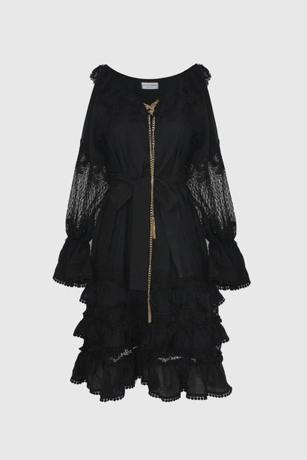 ABITO CORTO IN COTONE BIANCO CON SCOLLO BARDOT INSERTI IN PIZZO SEMITRASPARENTI