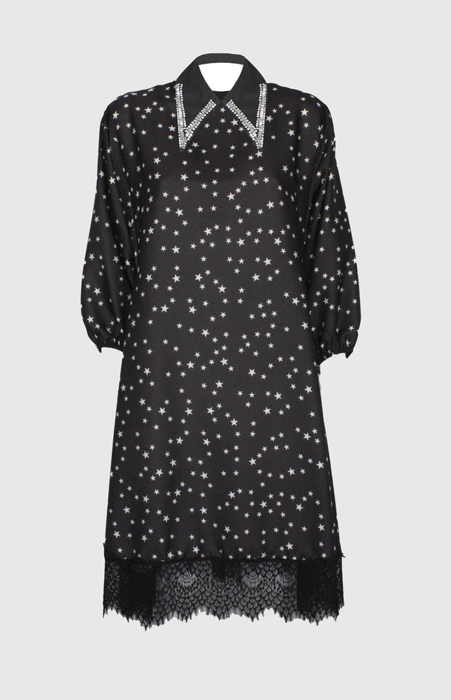 ABITO MORBIDO STAMPATO CON STRASS E PIZZO NERO