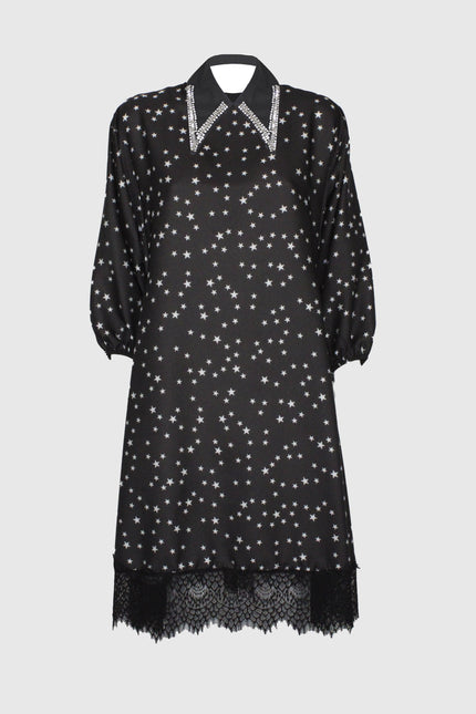 ABITO MORBIDO STAMPATO CON STRASS E PIZZO NERO