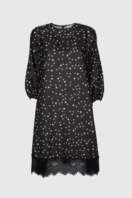 ABITO MORBIDO STAMPATO CON STRASS E PIZZO NERO