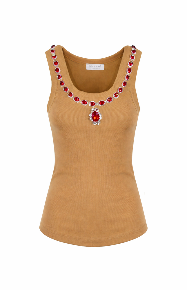 RIBBED WIDE NECK TANK TOP WITH JEWEL APPLICATION 