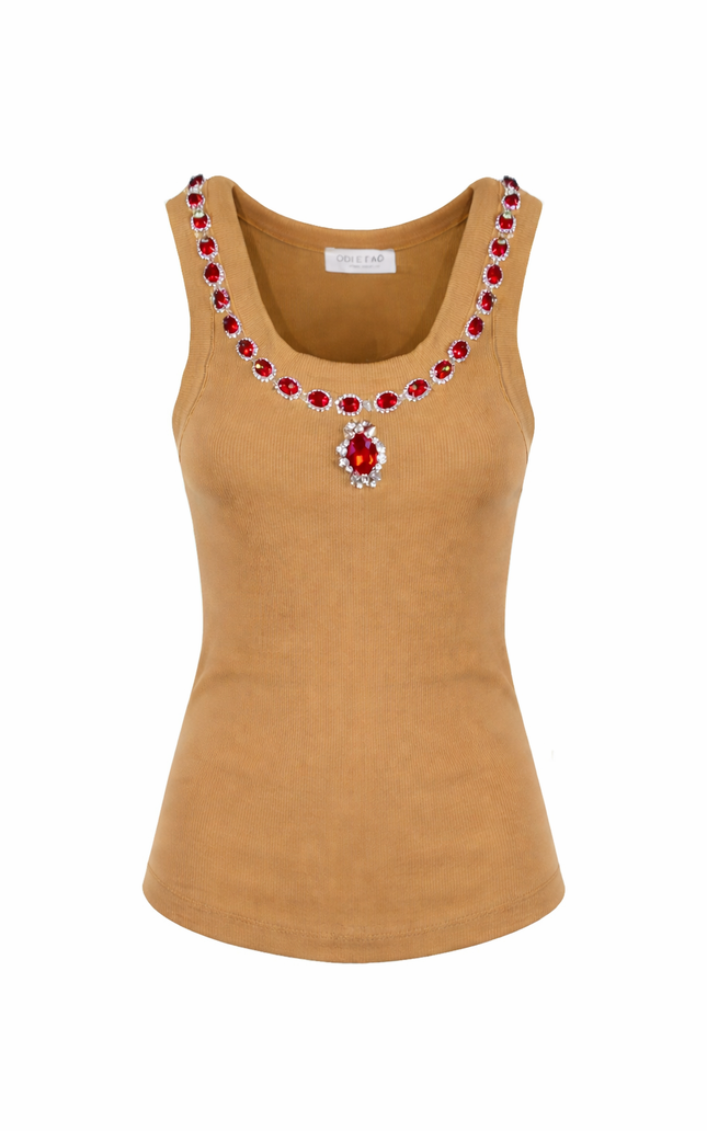 RIBBED WIDE NECK TANK TOP WITH JEWEL APPLICATION 