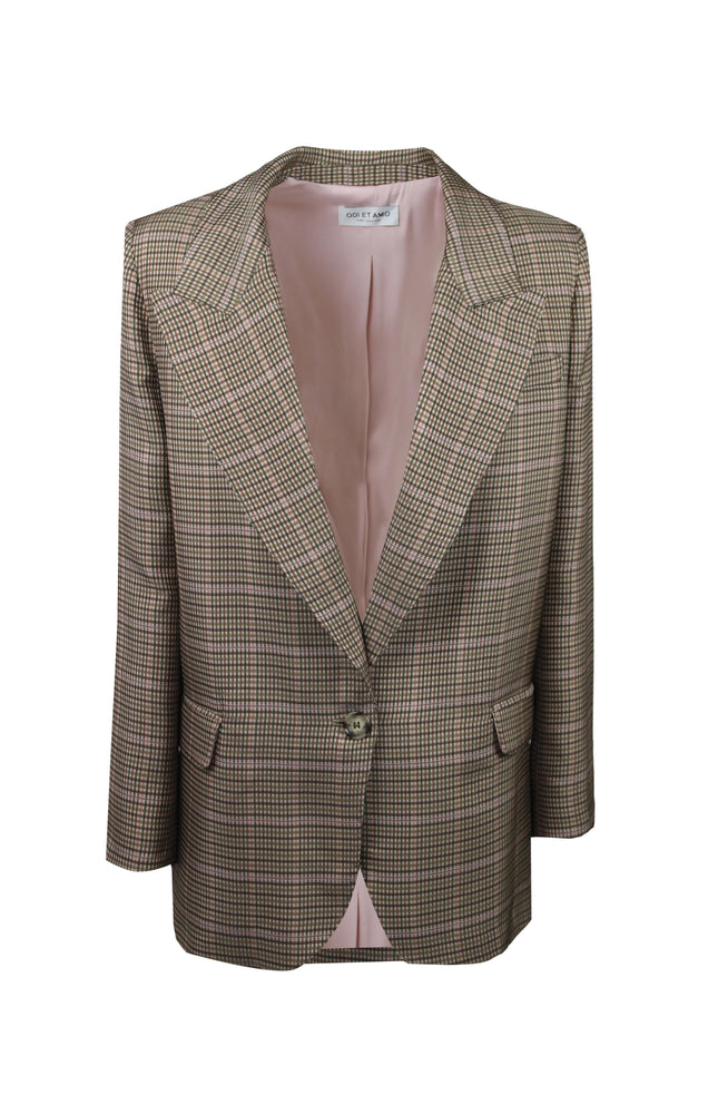 Blazer monopetto Elisa a quadri con interno rosa e bottone