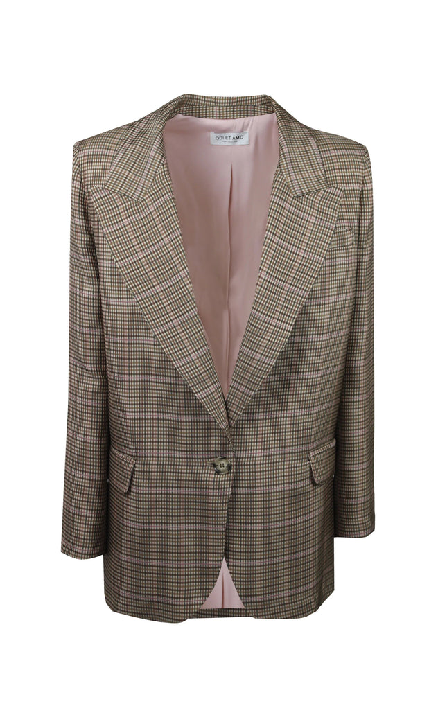 Blazer monopetto Elisa a quadri con interno rosa e bottone