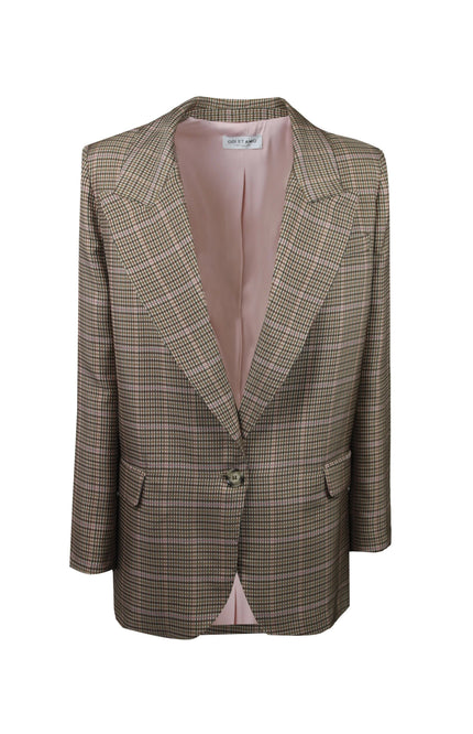 Blazer monopetto Elisa a quadri con interno rosa e bottone