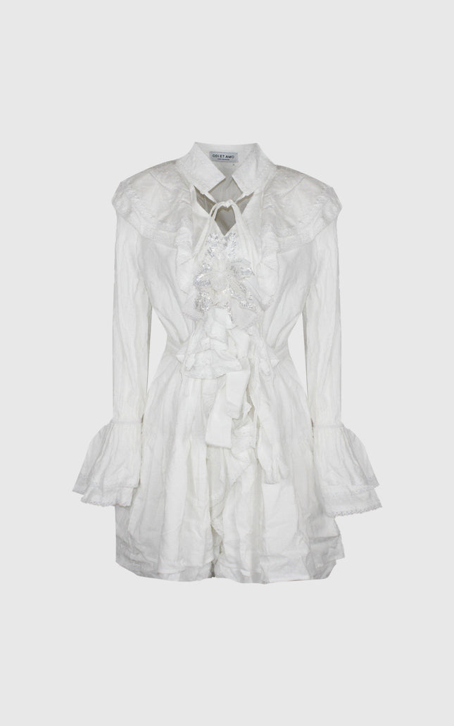 White ruffled mini dress with long sleeves and lace detail, women's Italian fashion
