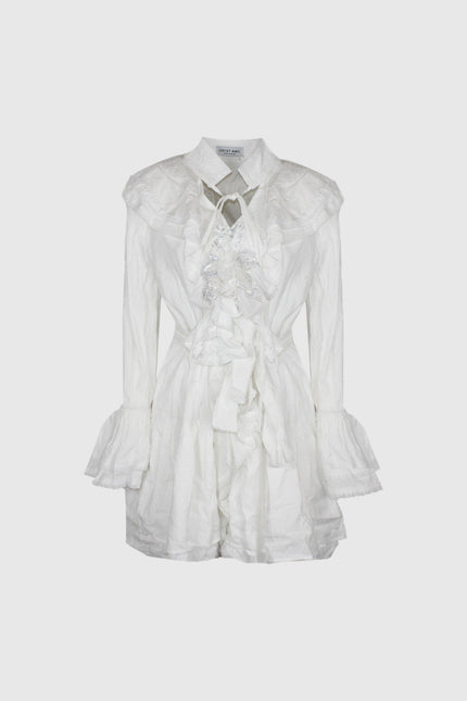 White ruffled mini dress with long sleeves and lace detail, women's Italian fashion
