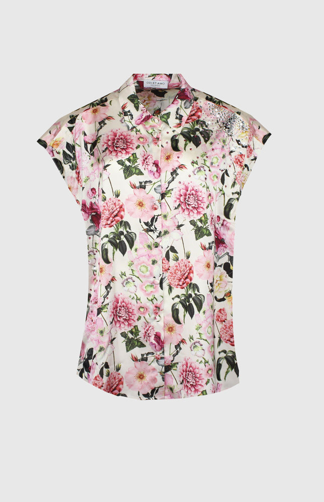 CAMICIA SMANICATA REGLAN FIT OVERSIZE STAMPA FIORI E CRISTALLI