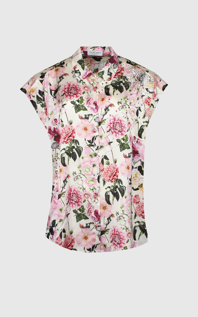 Women's cap sleeve blouse with pink floral print and rhinestone detailing on white background