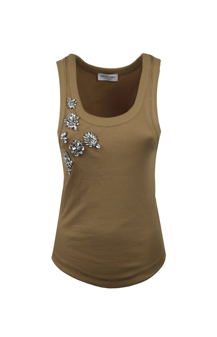 RIBBED TANK TOP WITH CRYSTAL APPLIQUE