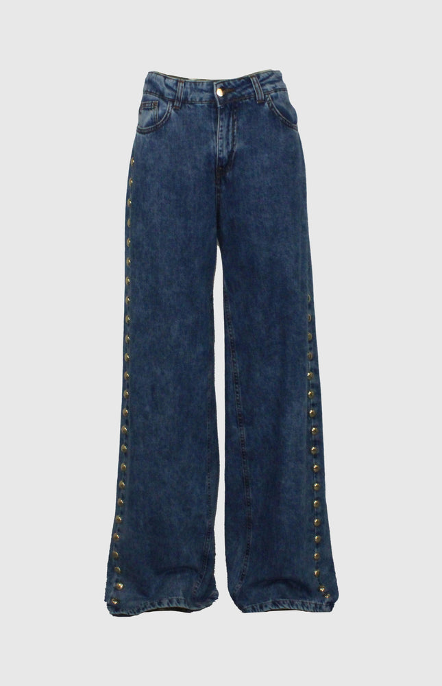 JEANS A PALAZZO WIDE LEG CON APPLICAZIONE BORCHIE ORO E TASCHE