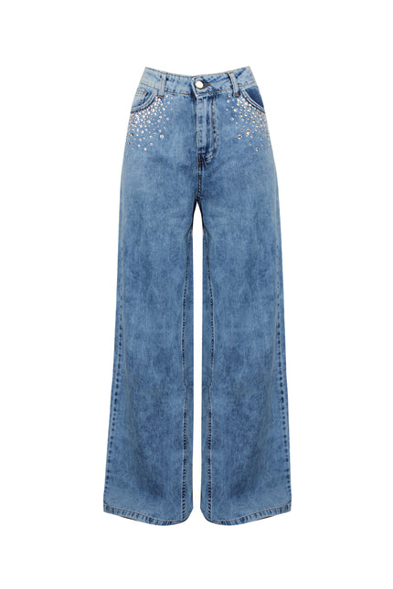 AFRODITE PALAZZO DENIM WITH RHINESTONE ON THE POCKETS