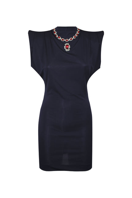 SHORT SHEATH DRESS WITH JEWEL EMBROIDERY ON THE NECK