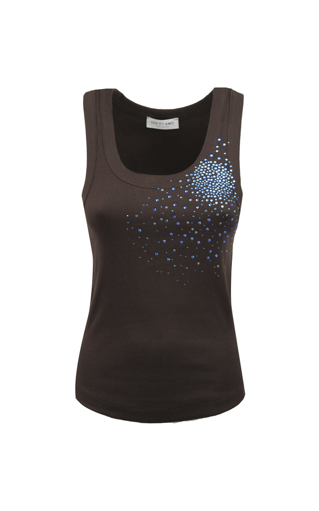 RIBBED TANK TOP WITH WIDE NECKLINE AND RHINESTONE APPLICATION 