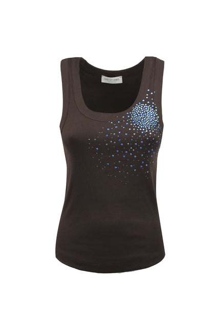 RIBBED TANK TOP WITH WIDE NECKLINE AND RHINESTONE APPLICATION 