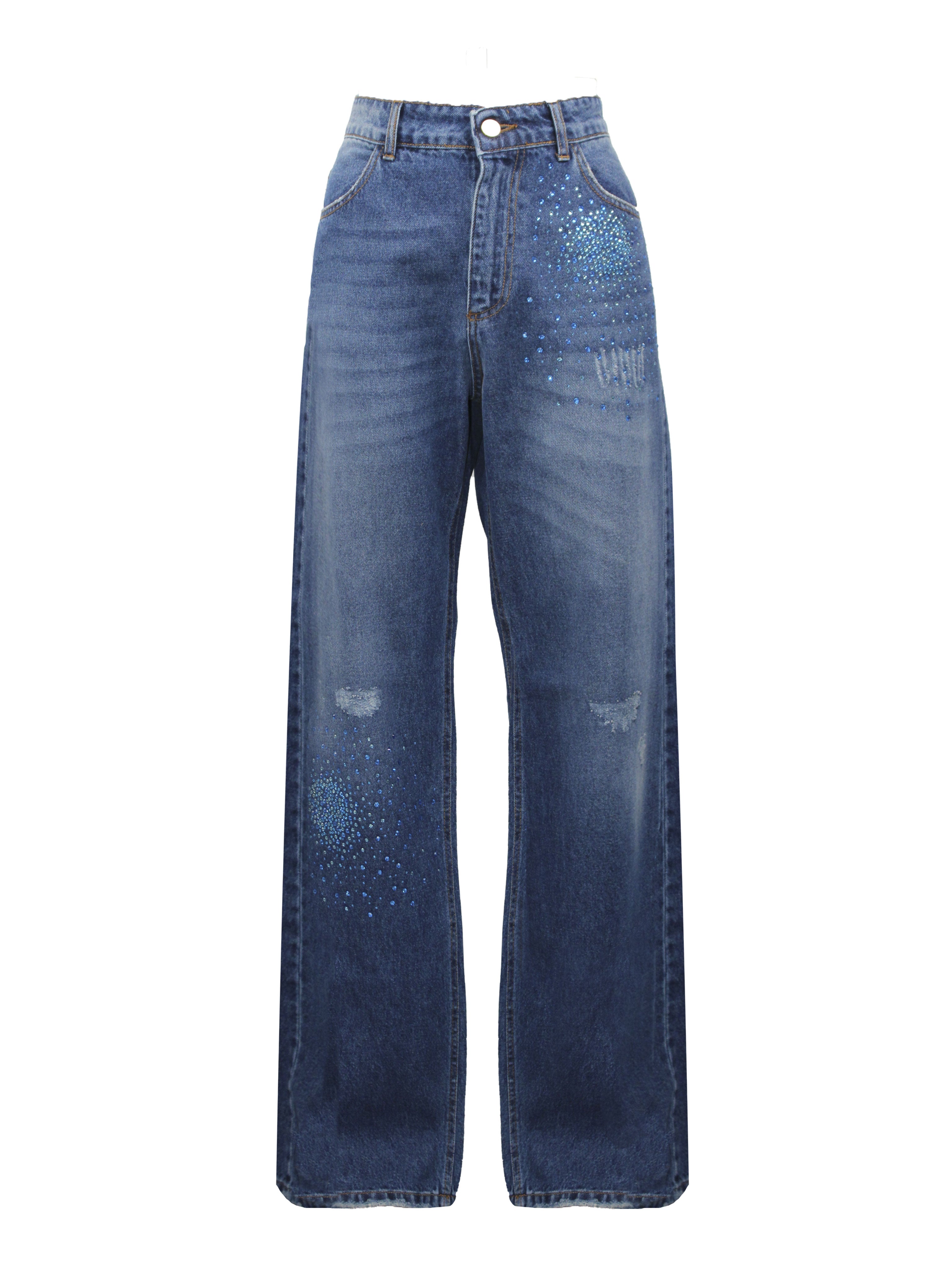 DENIM CLARISSA A GAMBA AMPIA CON APPLICAZIONE STRASS