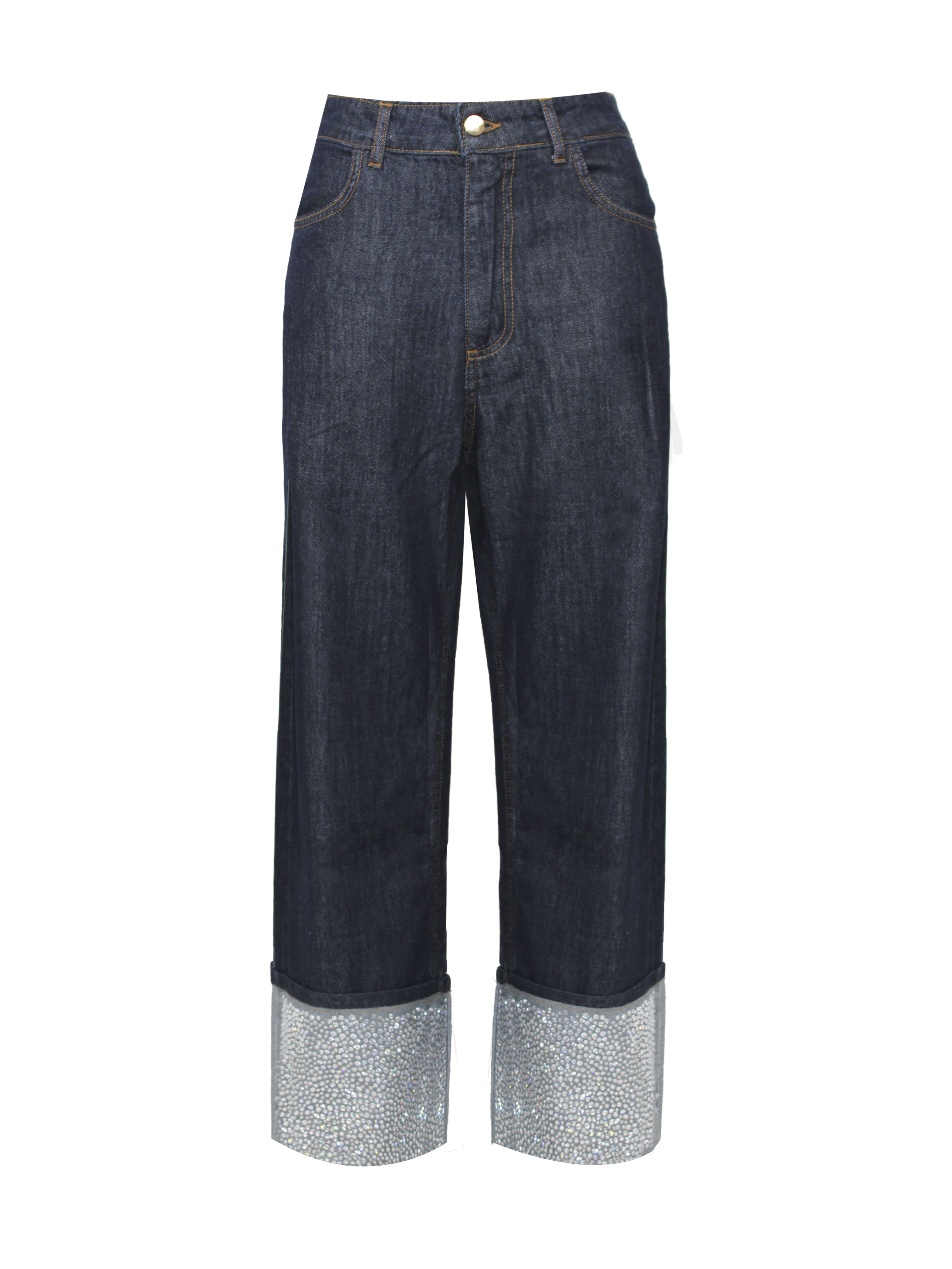 DENIM CON RISVOLTO STRASS GAMBA LARGA