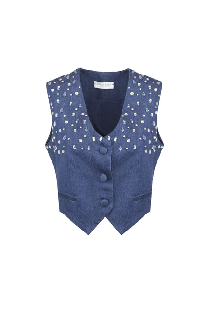 HAND-EMBROIDERED DENIM-EFFECT COTTON VEST