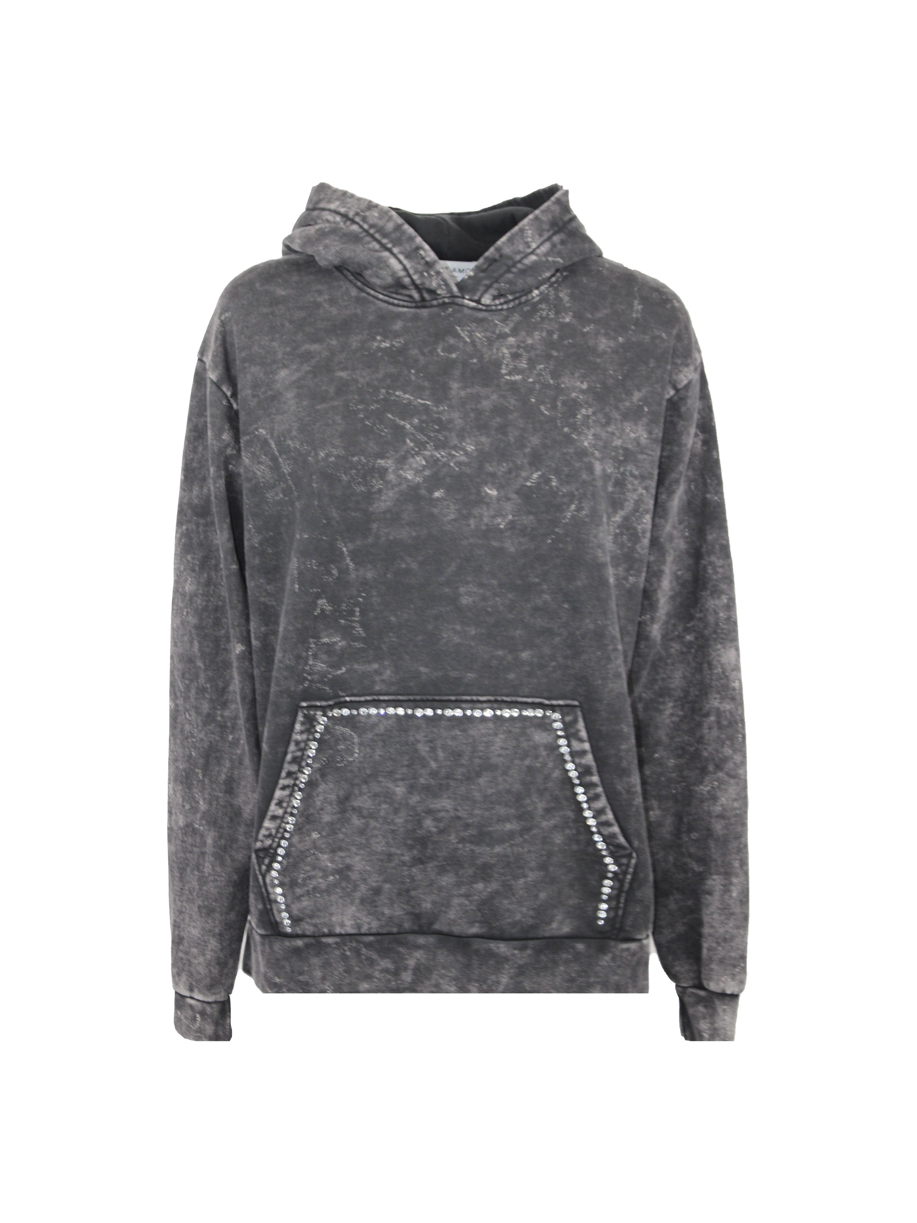 FELPA EFFETTO MARMORIZZATO CON CAPPUCCIO E APPLICAZIONE STRASS