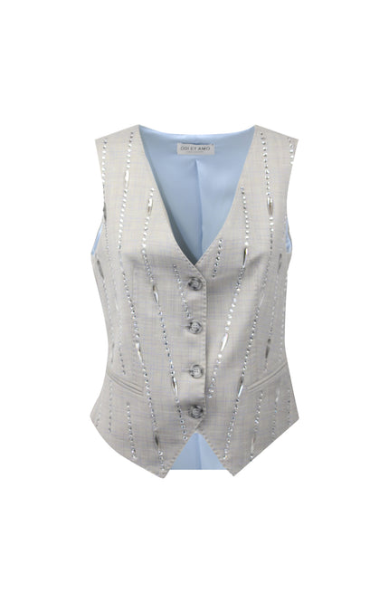 Gilet sartoriale grigio da donna con strass a righe, scollo a V e bottoni logo