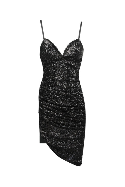 SHORT ASYMMETRICAL SEQUINED SHEATH DRESS 