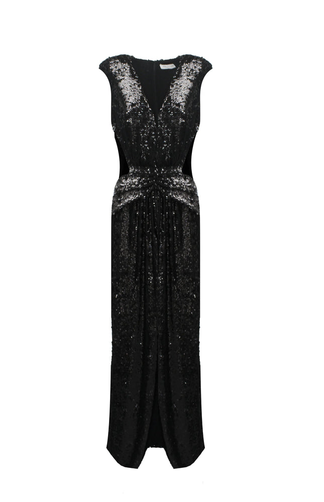 Abito lungo nero con paillettes, scollo profondo a V e vita drappeggiata, elegante abito da