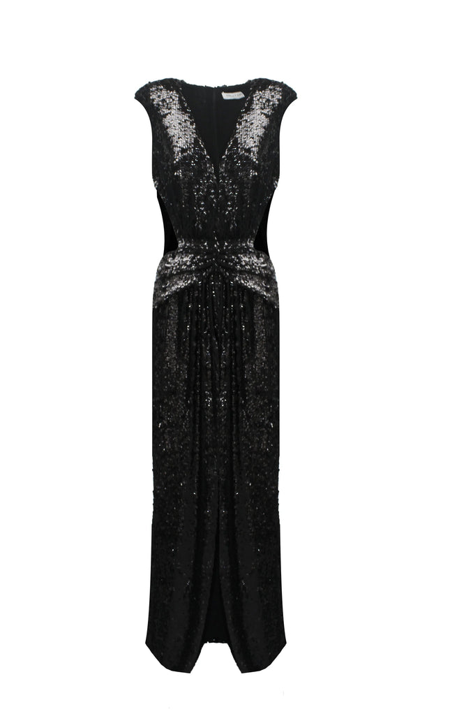 Abito lungo nero con paillettes, scollo profondo a V e vita drappeggiata, elegante abito da