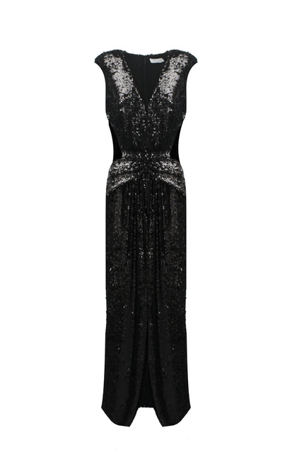 Abito lungo nero con paillettes, scollo profondo a V e vita drappeggiata, elegante abito da