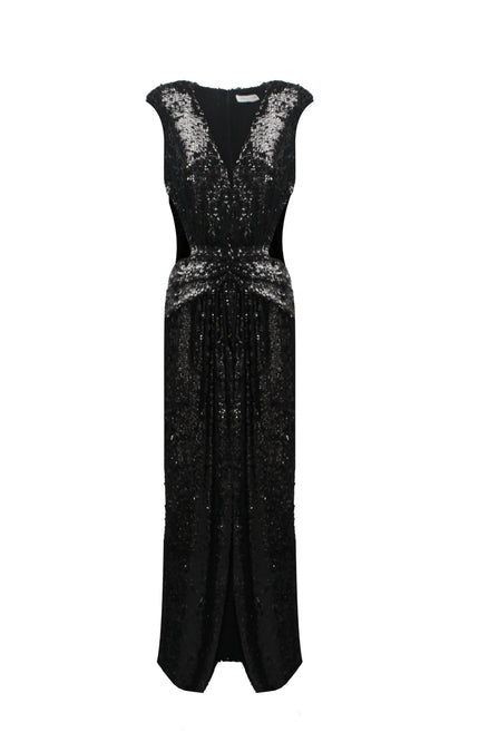 Abito lungo nero con paillettes, scollo profondo a V e vita drappeggiata, elegante abito da