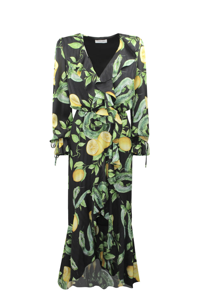 Abito lungo nero con stampa limoni e foglie, jabot frontale, maniche lunghe e cintura in vita elegante