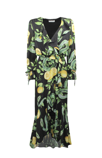 Abito lungo nero con stampa limoni e foglie, jabot frontale, maniche lunghe e cintura in vita elegante