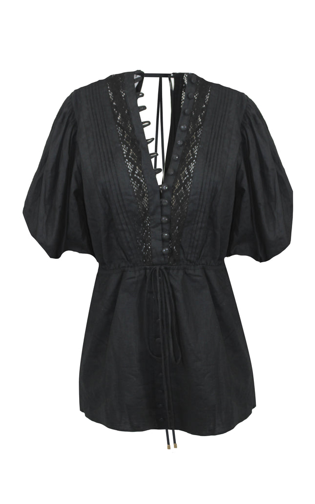 MONIA SHORT LINEN DRESS WITH LACE EMBROIDERY ON THE FRONT 