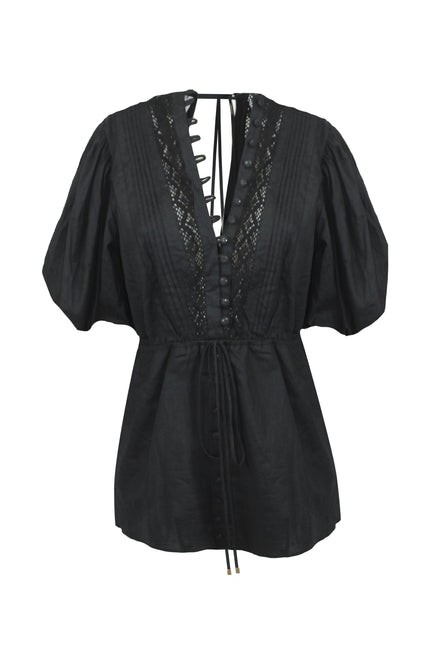 MONIA SHORT LINEN DRESS WITH LACE EMBROIDERY ON THE FRONT 