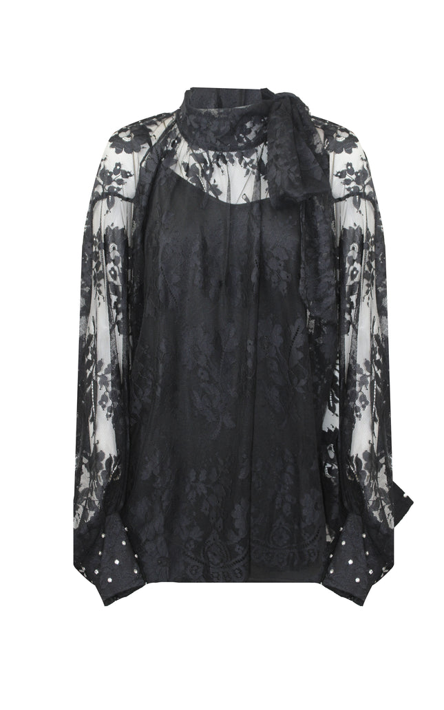 SEMI-TRANSPARENT LACE SHIRT WITH JEWEL CUFF 