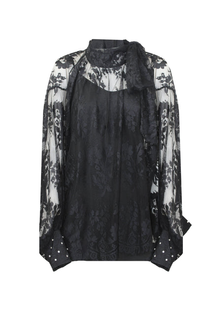 SEMI-TRANSPARENT LACE SHIRT WITH JEWEL CUFF 