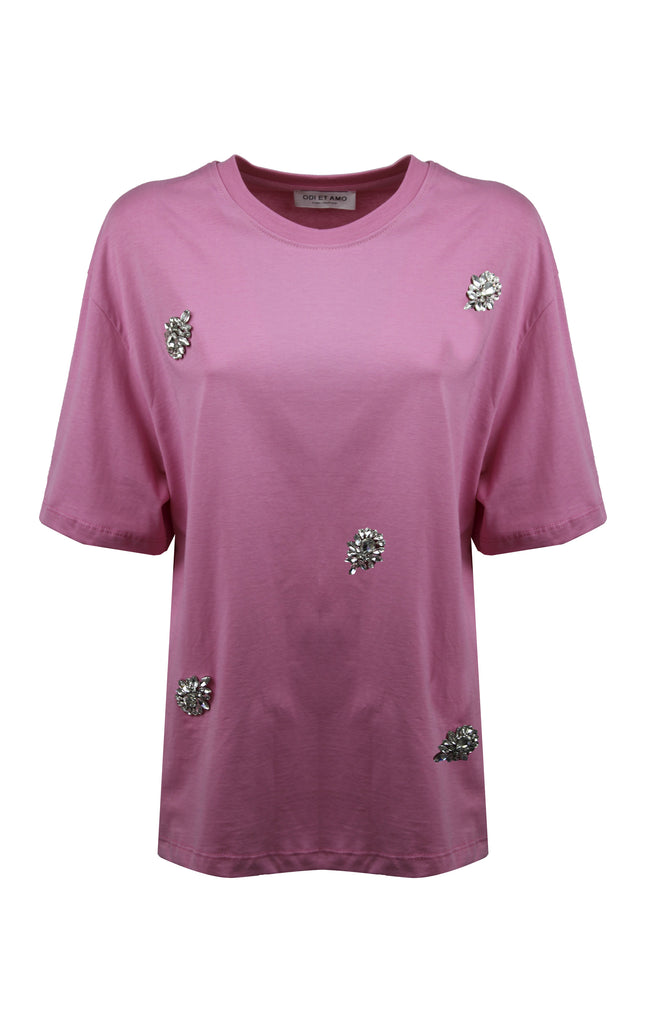 T-shirt Paris rosa oversize in cotone con applicazioni foglia gioiello luminose firmata Odi Et Amo.