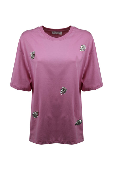 T-shirt Paris rosa oversize in cotone con applicazioni foglia gioiello luminose firmata Odi Et Amo.