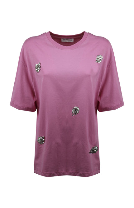 T-shirt Paris rosa oversize in cotone con applicazioni foglia gioiello luminose firmata Odi Et Amo.
