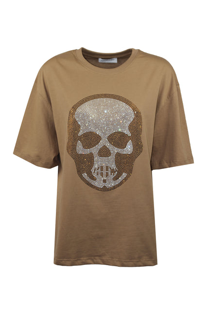 T-shirt oversize color cammello in cotone con stampa teschio di strass.