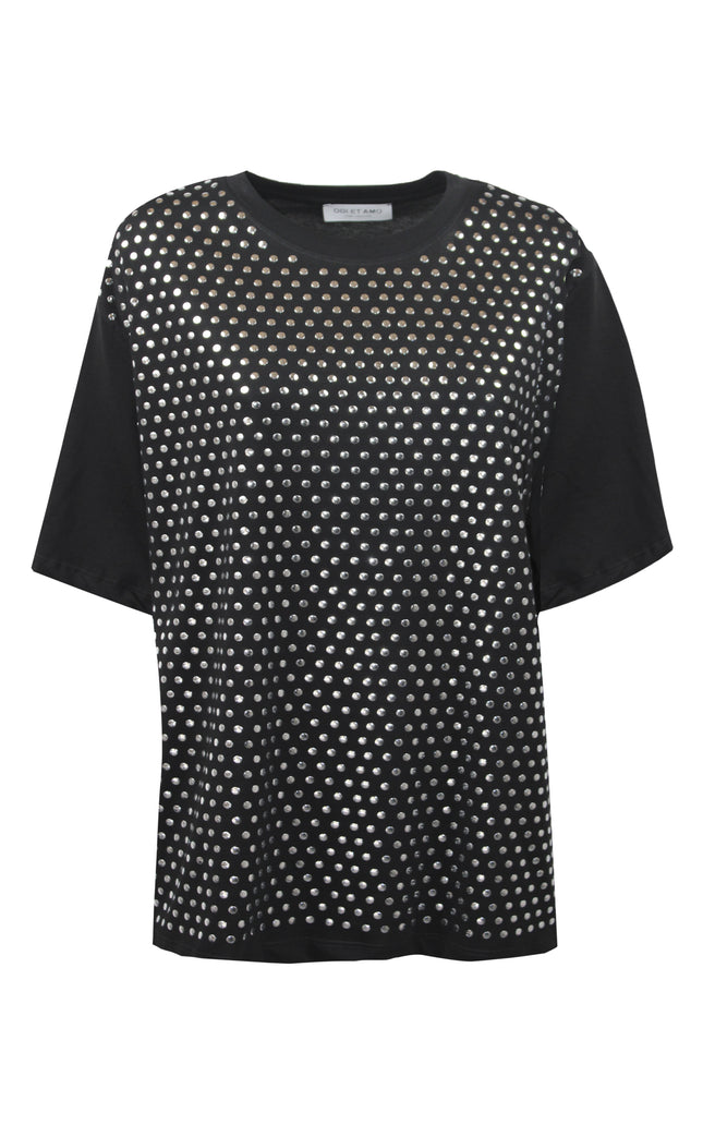T-shirt Paris nera girocollo in cotone con applicazione borchie - Dettaglio fronte