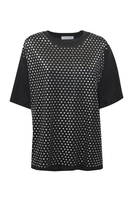 T-shirt Paris nera girocollo in cotone con applicazione borchie - Dettaglio fronte