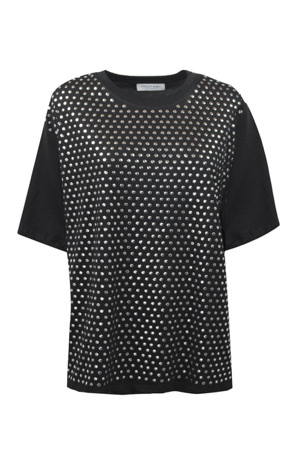 T-shirt Paris nera girocollo in cotone con applicazione borchie - Dettaglio fronte