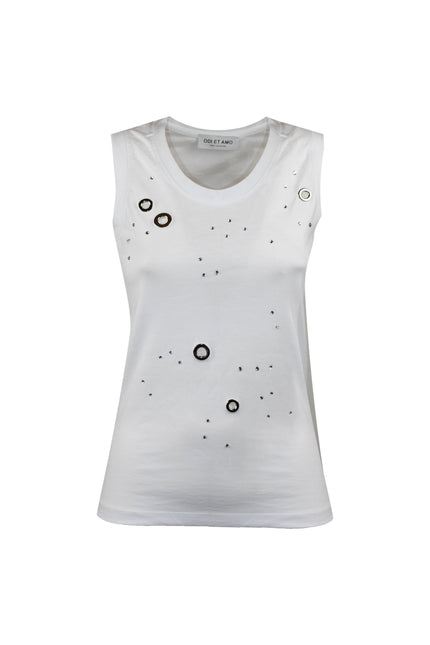 IBIZA COTTON TANK TOP WITH EYELETS AND RHINESTONE 