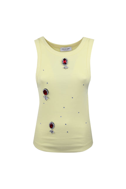 RIBBED TANK TOP WITH RHINESTONE AND EMBROIDERY 