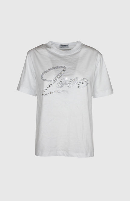 White women's t-shirt with rhinestone embellished 'Love' script on front