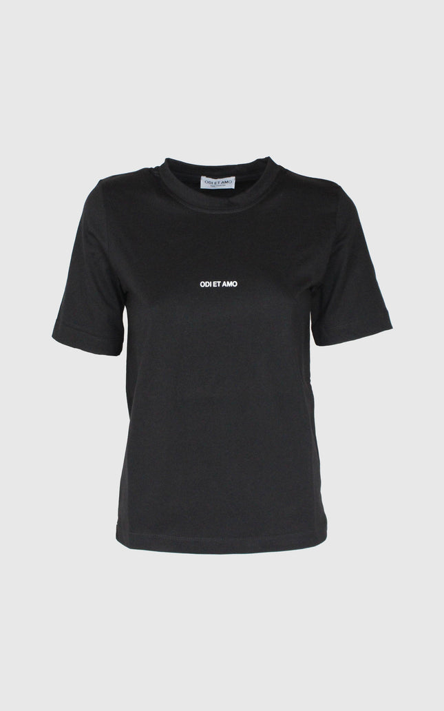 Women's black t-shirt with 'ODI ET AMO' text, short sleeves, minimalist Italian fashion